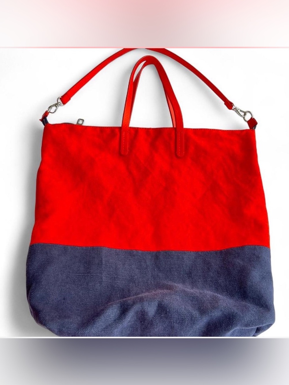 GAP Red & Navy Colorblock Canvas Tote Bag Leather Strap Large Zip Tote